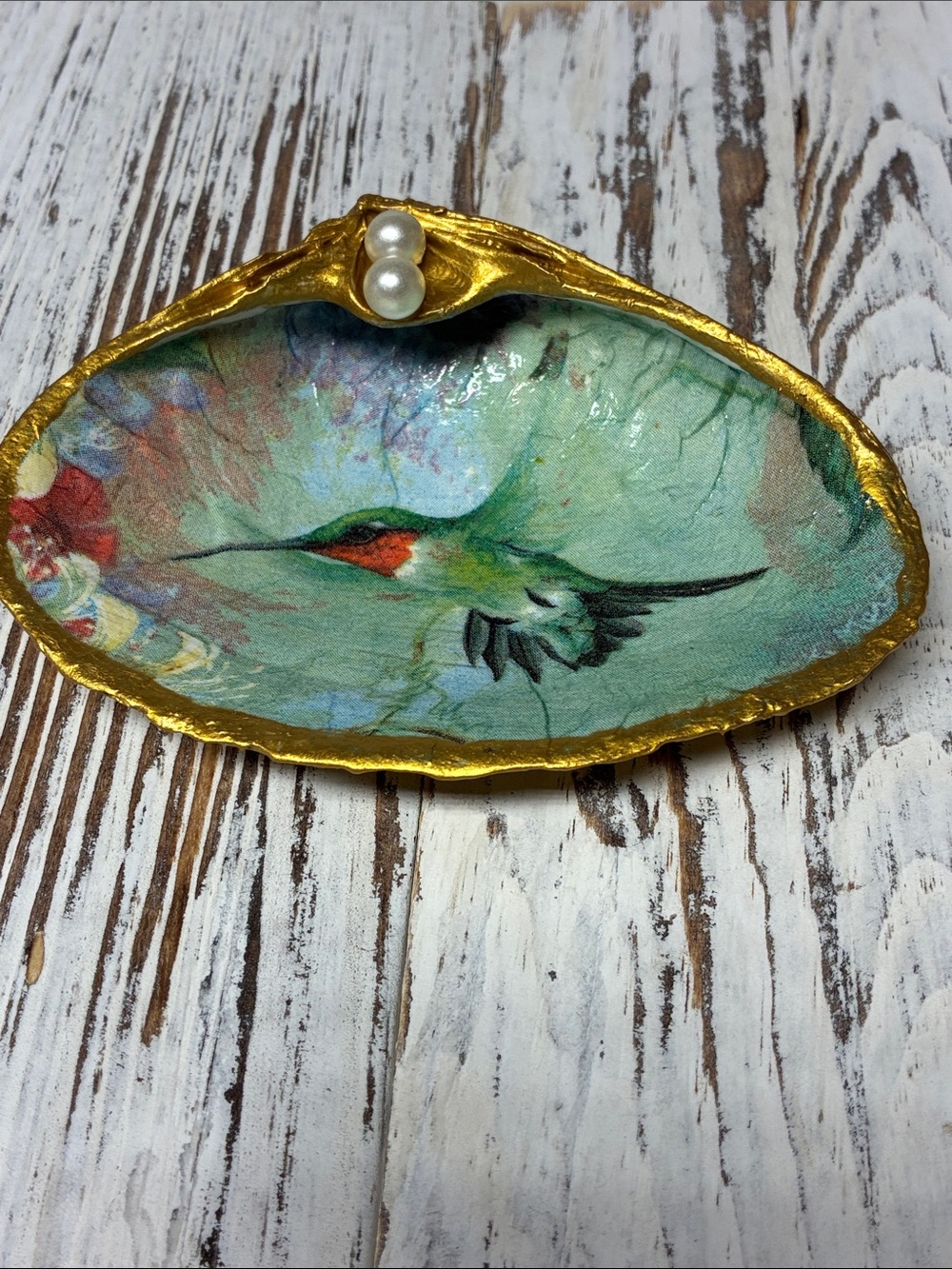 Hand-Painted Hummingbird Shell Dish in Gold and Aqua